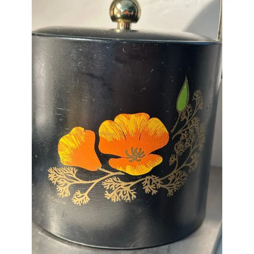 Vintage 1960’s Couroc California Poppy Black And Gold Ice Bucket Barware